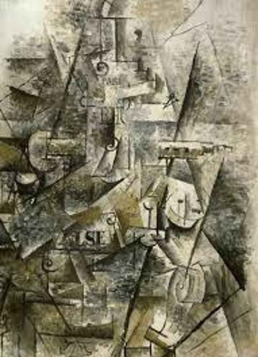 <p><span>European Modernism</span></p><p>Composition: The painting layers geometric planes to depict a mantelpiece viewed from multiple angles, with overlapping elements like a clarinet, bottle labeled "RHU" (short for rhum), a glass, and scrolls resembling sheet music. The diagonal lines radiate upward, creating a pyramidal structure.</p><p>Innovation: Though not a full collage, the work is noted for its early incorporation of stenciled text, foreshadowing Braque's later experiments with mixed media.</p><p>Style: Characteristic of Analytical Cubism, the painting employs monochromatic tones and fractured planes to compress depth, challenging traditional perspective</p>