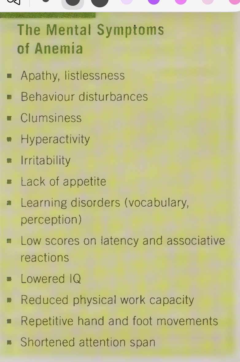 <ul><li><p>condition is characterized by red blood cell shrinkage and colour loss due to lower Hb count.</p></li><li><p>results in reduced delivery of oxygen to tissues, which limits the cells energy metabolism and result sin tiredness, apathy, a tendency to feel cold, irritability, learning disorders, shortened attention span, and clumsiness</p></li></ul><p></p>
