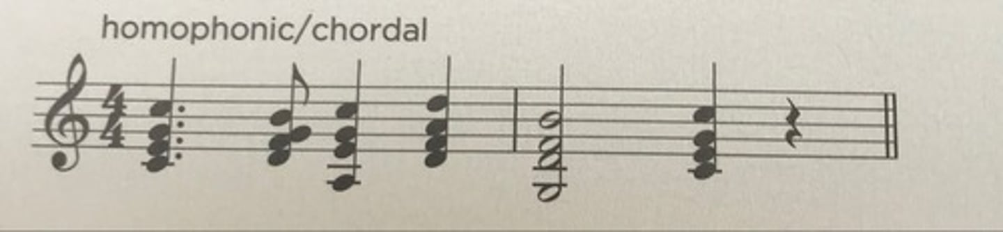 <p>a CHORDAL texture where all the parts move together, but there is one line thats most important (e.g. a hymn tune)</p>