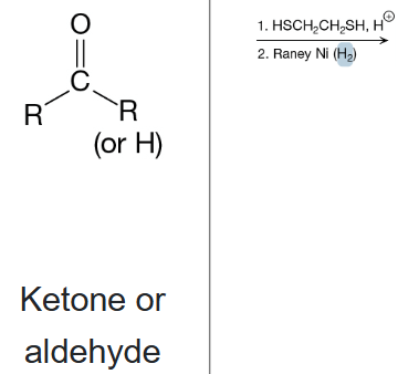<p>What is the product of the reaction between a ketone or aldehyde, and HSCH2CH2SH, H+ (1st step), and Raney Ni (H2) (2nd step)?</p>