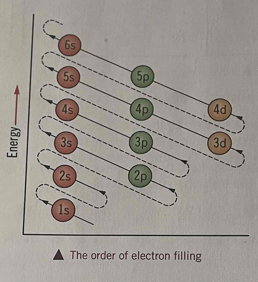 <ul><li><p>electrons fill atomic orbitals in order of increasing energy</p></li><li><p>a maximum of 2 electrons can occupy any orbital each with opposite spins </p></li><li><p>The orbitals will first fill with one electron each with parallel spins, before a second electron is added with the paired spin </p></li></ul>