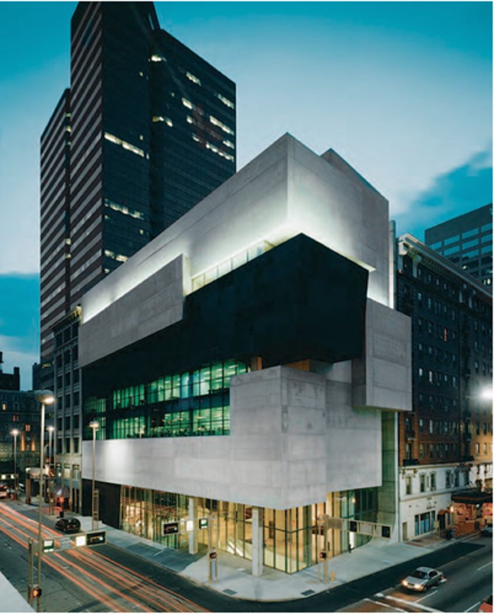 <p>who used deconstruction in their commissions; colorful drawings, paintings, and computer models; designs buildings that look like they have exploded; defying gravity and a single point of view (contemporary arts center shown here)</p>