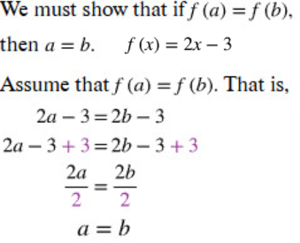 <p>set f(x) as<br>f(a) = f(b)</p><p>a = b ; if it’s a one to one function</p>