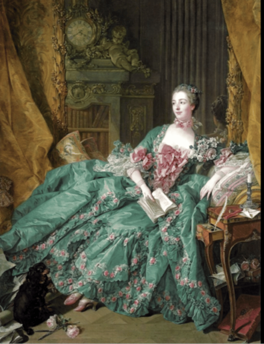 <p>-Rococo style </p><p>-Wealthy and educated </p><p>-Very powerful</p><p>-The king changed her to an aristocrat </p>