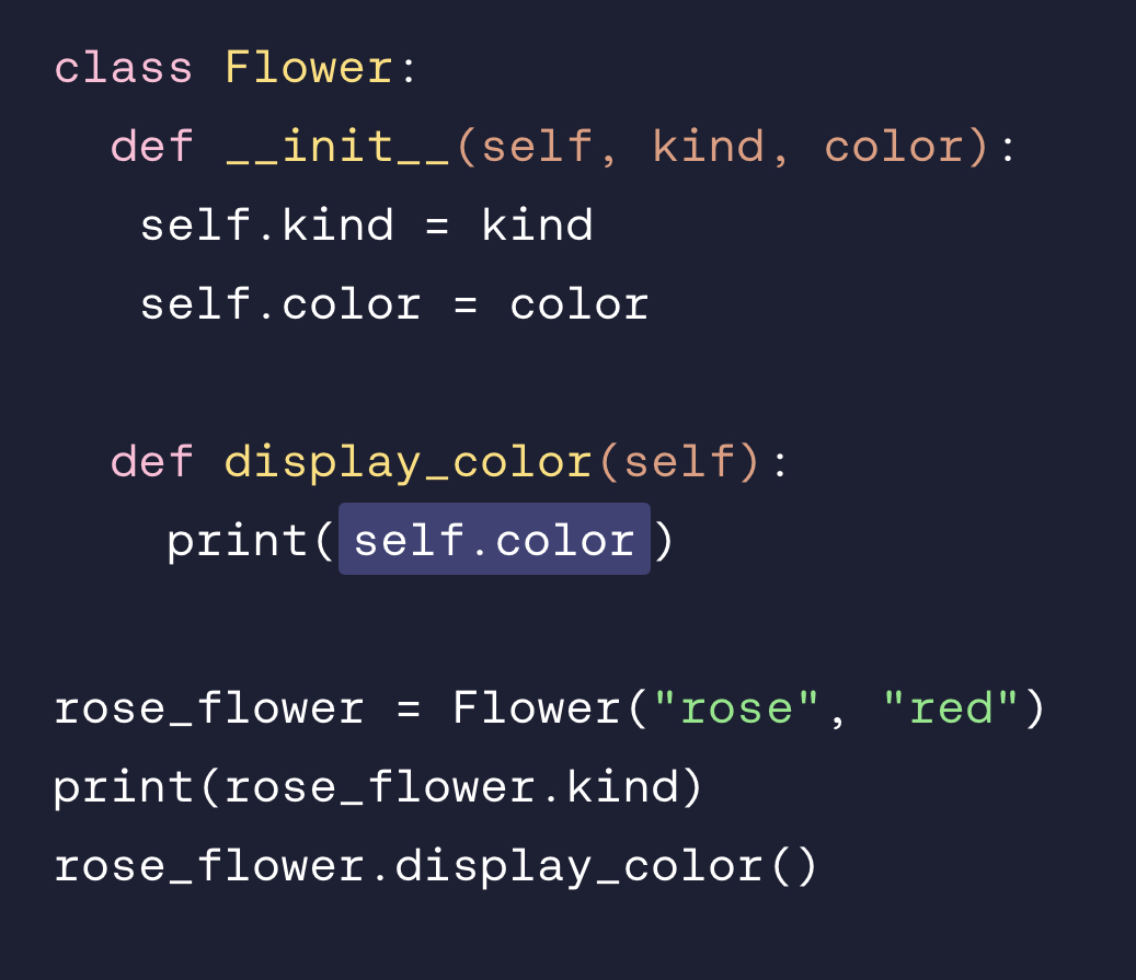 <p>We can use an instance of the class, a ., and then the name of the function. For example, rose_flower = Flower() &amp; rose_flower.display_color() </p>