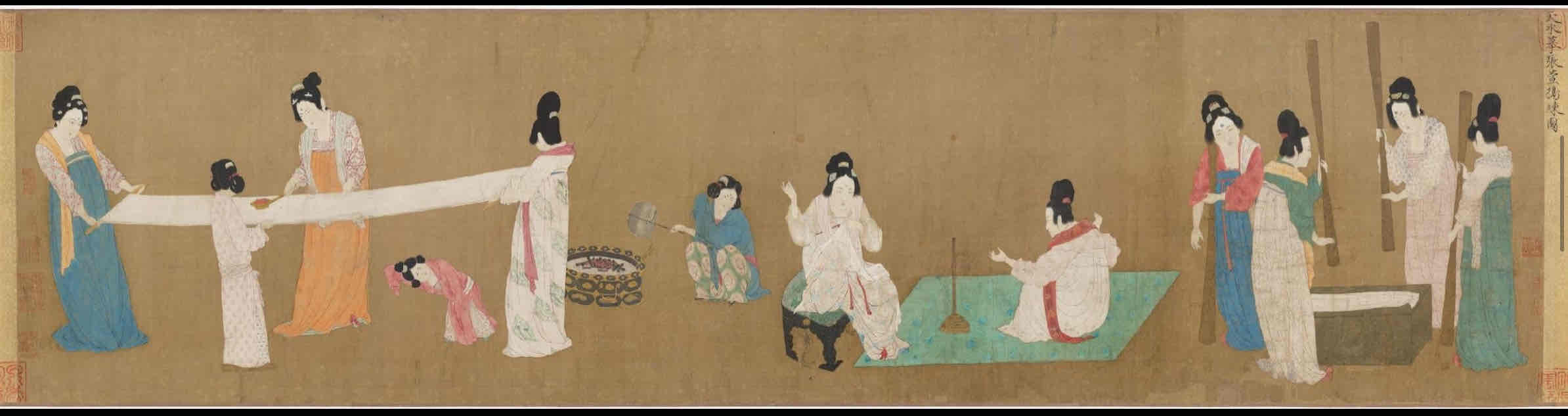 <p>Provides a representation of the involvement of women in textile production during ancient times. Depicting scenes of luxuriously adorned court ladies engaging in various stages of silk production, such as pounding silk, preparing thread, sewing, stretching, and ironing silk cloth, the artwork highlights the significance of women's roles in silk production rituals, known as gongcan or "palace sericulture"</p>