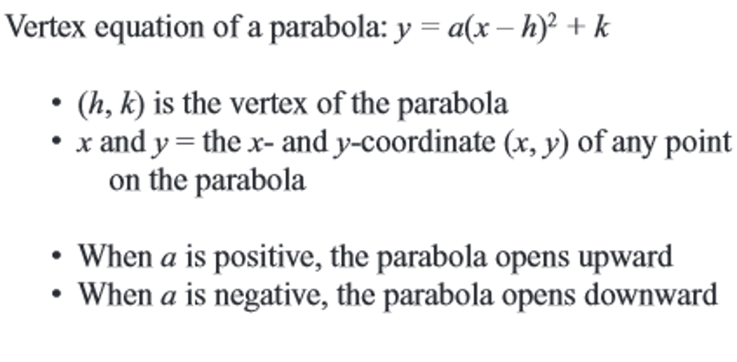 <p>y=a(x-h)^2+k</p><p>To find the (x) of the vertex use -b/2a</p><p>from the standard form of y=ax^2+ bx + c</p>
