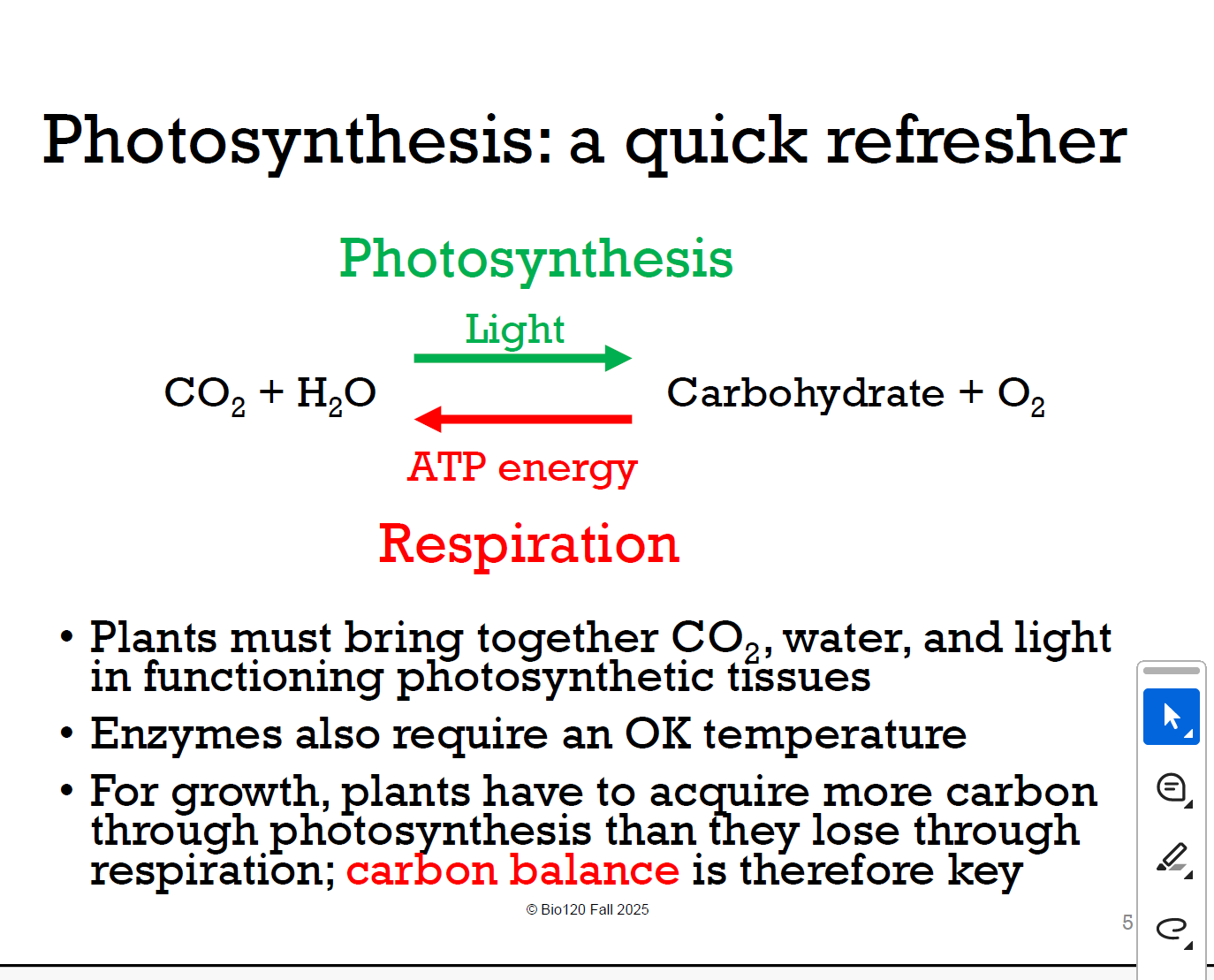 <p>光合作用！CO2+H2O=carbohydrate+O2</p><ol><li><p>组合light, CO2, 水—>functioning photosynthetic tissues光合组织</p></li><li><p>合适的temperature—> enzyme</p></li><li><p>得到的C photosynthesis>respiration 失去的C（carbon balance）</p></li></ol><p></p>