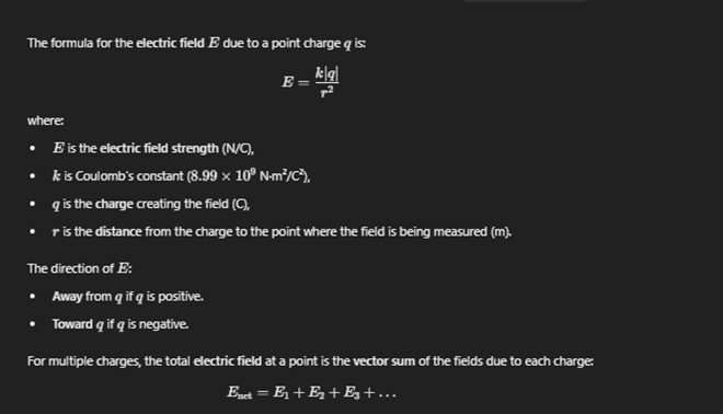 <p>The <strong>electric field</strong> is a region around a charged object where another charged object experiences a force.<br>It represents the <strong>force per unit charge</strong> exerted on a small positive test charge.</p><p></p><p>(Positive Charge goes away , negative charge goes towards)</p><img src="https://knowt-user-attachments.s3.amazonaws.com/874d9343-4172-43d6-afbf-24333f02c28a.png" data-width="100%" data-align="center"><img src="https://knowt-user-attachments.s3.amazonaws.com/fc502a7e-af3c-4492-ae4f-53057fda0124.png" data-width="100%" data-align="left"><img src="https://knowt-user-attachments.s3.amazonaws.com/d9c327ab-9018-4b16-a150-97ac2528dcb9.png" data-width="100%" data-align="center" alt="knowt flashcard image"><img src="https://knowt-user-attachments.s3.amazonaws.com/afaa5a3a-ccc4-40ef-b57b-fb5b620261eb.png" data-width="100%" data-align="center"><img src="https://knowt-user-attachments.s3.amazonaws.com/dbdf26bd-02ee-48aa-870b-1464ab13ead1.png" data-width="100%" data-align="center"><img src="https://knowt-user-attachments.s3.amazonaws.com/bf69be5e-812a-4a99-a9db-7637da0f0257.png" data-width="100%" data-align="center"><img src="https://knowt-user-attachments.s3.amazonaws.com/446ecff1-72f8-411d-862f-f74f06fc1107.png" data-width="100%" data-align="center"><img src="https://knowt-user-attachments.s3.amazonaws.com/4a6a60de-8925-49c3-b59b-a39a1540ed9f.png" data-width="100%" data-align="center"><img src="https://knowt-user-attachments.s3.amazonaws.com/ba8889e9-3c16-416a-a988-457f5d215b49.png" data-width="100%" data-align="center"><img src="https://knowt-user-attachments.s3.amazonaws.com/60d5b5b1-cd49-4dbc-ba4e-08757bc3c150.png" data-width="100%" data-align="center"><img src="https://knowt-user-attachments.s3.amazonaws.com/d767ef56-1ac1-42ab-aeb4-bb2704e158ca.png" data-width="100%" data-align="center"><p></p>