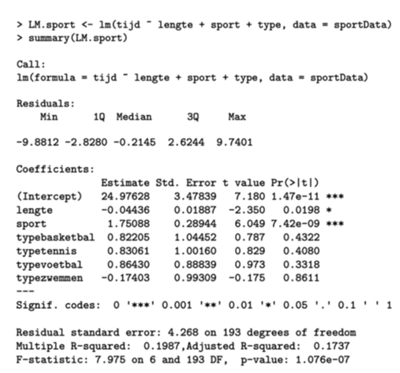 <p>De coëfficiënt van lengte is 0.04436 = schatting van β.</p><p>Het betekent dat twee individuen met een verschil van één cm lengte en met identieke scores op alle andere variabelen, een verschil van -0.00436 seconde zullen ervaren op tijd.</p><p>-> OF: de tijd zal -0.00436 seconde lager zijn bij een individu dat 1cm groter is, maar gelijk op alle andere variabelen.</p>