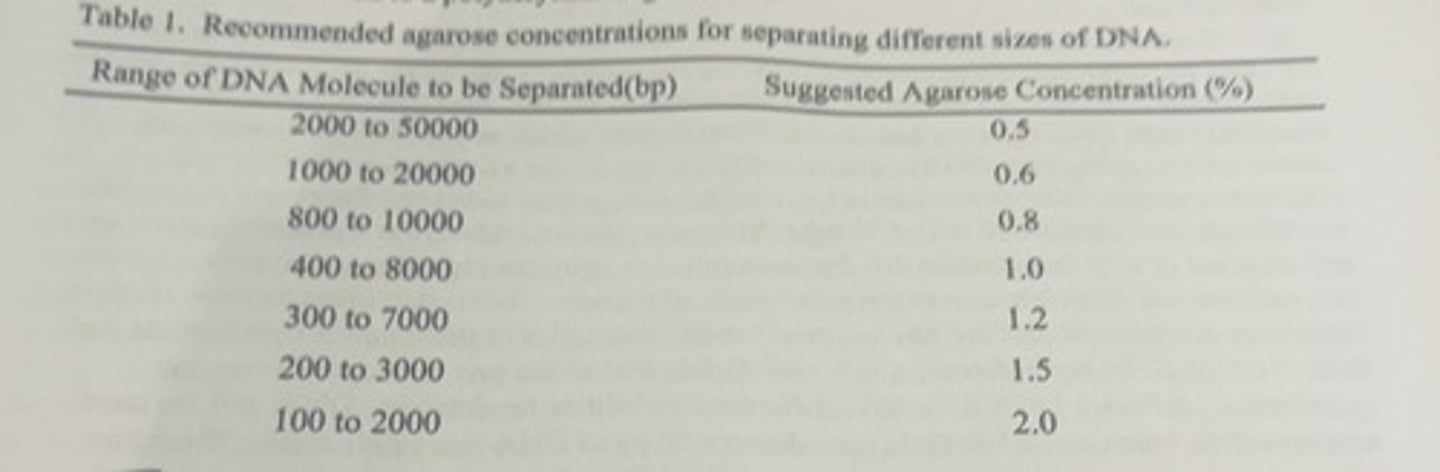 <p>typically the concentration of the agarose is between 0.5 and 3.0% agarose to buffer on a mass/mass basis, and the concentration you choose depends upon the expected ranges of sizes of DNA that you are trying to separate.</p>
