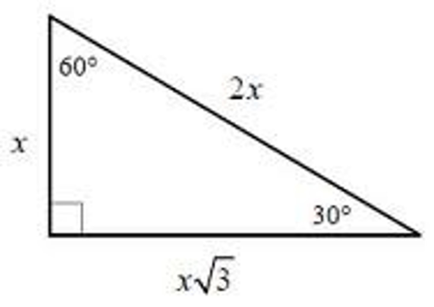<p>In a 30°-60°-90° triangle, the hypotenuse is twice as long as the shorter leg, and the longer leg is √3 times as long as the shorter leg.</p>