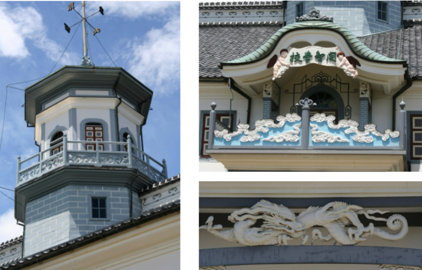 <p><span>Giyofu style</span></p><p><span>“imitation Western”</span></p><p><span>Japanese carpentry</span></p><p><span>symmetrical and solid walls</span></p><p><span>punched out windows and doors</span></p><p><span>hipped roof, grey clay tiles</span></p><p><span>walls exterior - stucco walls with stone</span></p><p><span>walls interior - long plastering technique with bamboo</span></p><p><span>octogon</span></p><p><span>arch keystone </span></p><p><span>railing = japanese carving ornament</span></p><p><span>sculpture </span></p><p><span>curved gable</span></p><p><span>european style angels</span></p><p><span>inside = european = chalkboard, education models</span></p><p></p>