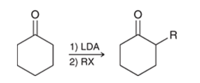 <p>alpha position of a ketone or aldehyde via formation of an enolate, followed by treatment of enolate with an alkyl halide</p><p>enolate functions as nucleophile, attacks alkyl halide in Sn2 fashion (usually restrictions for Sn2 apply)</p><p>choice of base is important: hydroxide or alkoxide ions cannot be used. stronger base, e.g. LDA, can be used </p><p>if ketone is unsymmetrical, two possible enolates can be formed (thermodynamic and kinetic)</p>