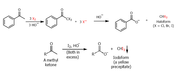 <p>Under basic conditions methyl ketones are converted to carb. acids using excess halogen and hydroxide</p>