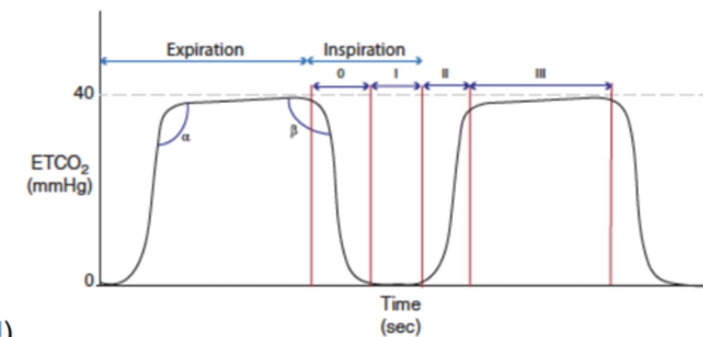 <p>Phase 0 - Rapid downstroke of inspiration</p><p>Phase 1 - End inspiration pause</p><p>Phase 2 - Rapid upstroke of expiration</p><p>Phase 3 - End expiration pause</p>