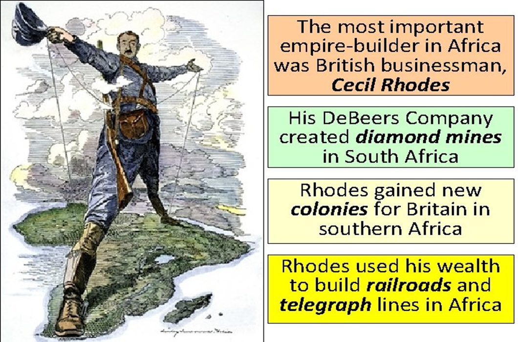 <p>____ feet are on <span><em>Cape town, South Africa</em></span> and <span><em>Cairo, Egypt</em></span> because he wanted to build a railroad between north and south Africa. Though unsuccessful, he was able to build lines of communication between the two <strong>(The ______ Colossus)</strong></p>