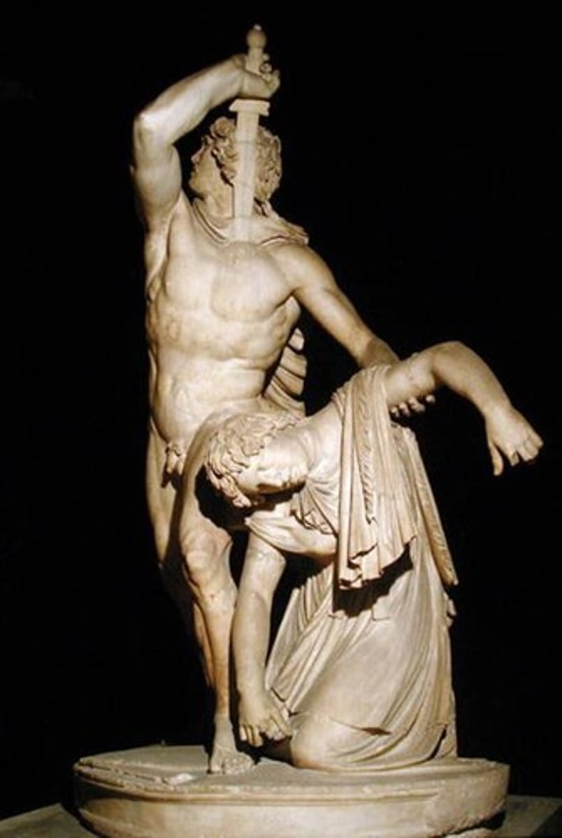 <p>- <span class="bgP">220 bce (high hellenistic pd)</span></p><p>- <span class="bgP">from Pergamon (where victory was against Gauls)</span></p><p>- <span class="bgP">made by Epigonus</span></p><p>- depicts Gaul man (mustache) killing himself after killing his wife to prevent her from becoming a slave</p><p>- roman copy of bronze original</p>