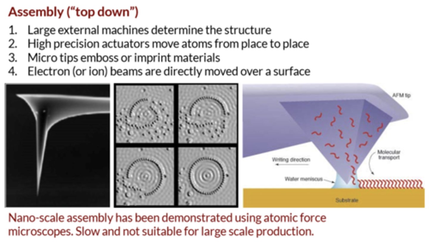 <p>breaking down of large materials to create nanoscale materials</p><p>involves the breaking down of large pieces of material to generate the required nanostructures from them</p>