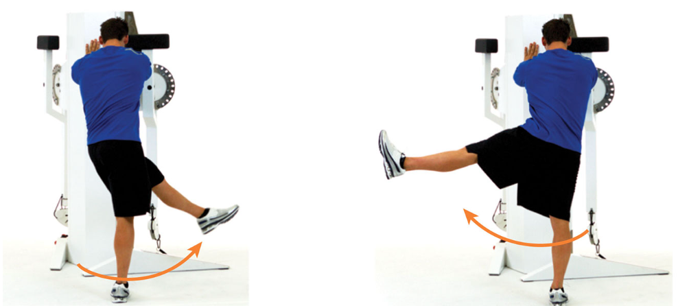 in standing position, swing one leg in a controlled pendulum fashion from side to side

like front to back hip swings, keep a tall, upright posture with the abdominals drawn in during the duration of the exercise