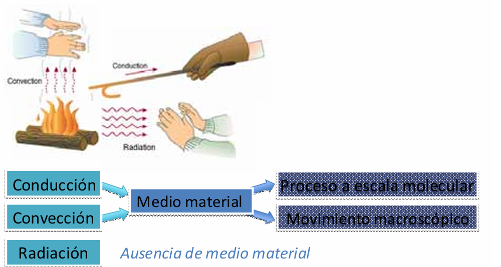 <ul><li><p><span><strong>Conducción:</strong> Proceso a escala molecular, se transmite por medio material. El hierro conduce bien el calor.</span></p></li><li><p><span><strong>Convección: </strong>Movimiento macroscópico, se transmite por medio material. Vórtices (poner el dedo en la punta de la llama)</span></p></li><li><p><span><strong>Radiación:</strong> Radia energía en todas direcciones, <strong>no se transmite por medio material, </strong>la radiación solar atraviesa el vacío del universo. (alrededor de llama no me quemo pero se siente el calor)</span></p></li></ul><p></p>
