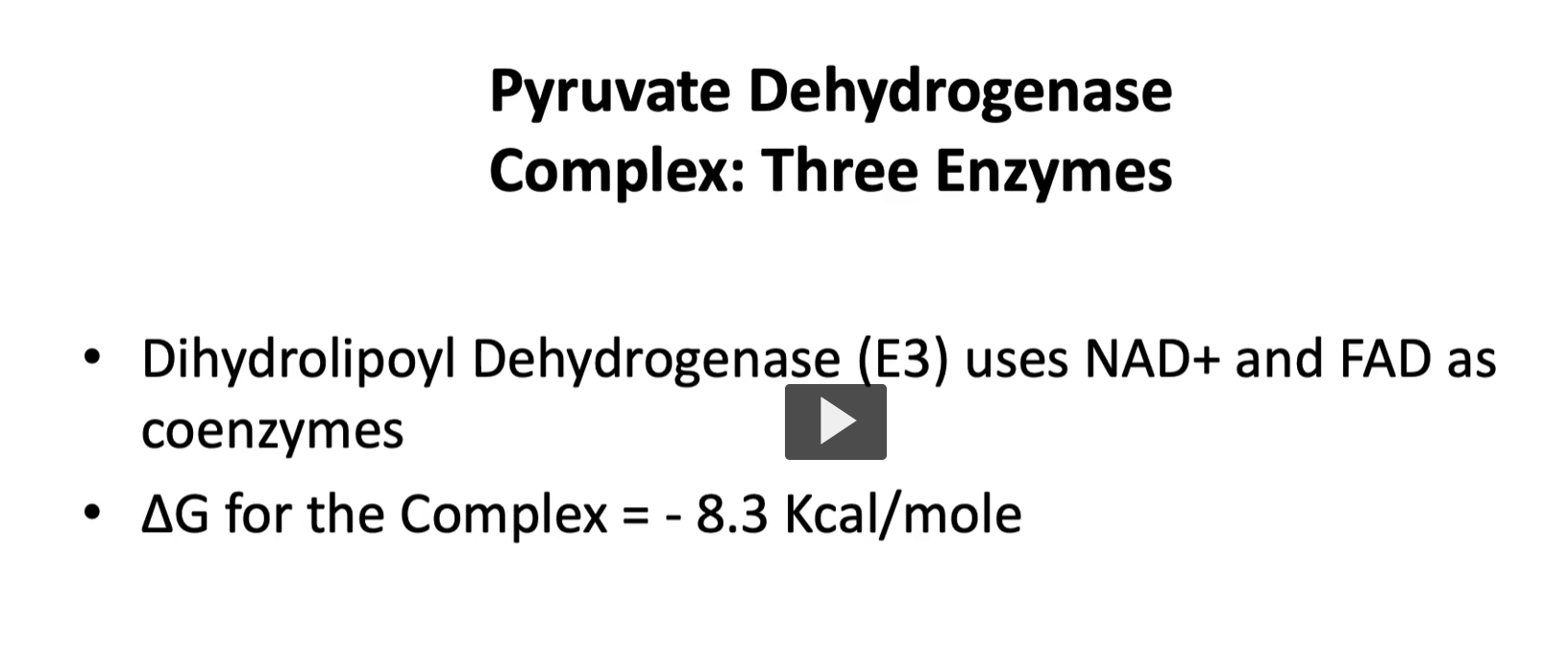 <p>Dihydrolipoyl Dehydrogenase (E3) use NAD+ and FAD as coenzymes</p><p>the <strong>delta G</strong> for the <strong>complex as a whole is -8.3 Kcal/mol</strong>, it is an <strong>exergonic </strong>and <strong>irreversible process.</strong></p>