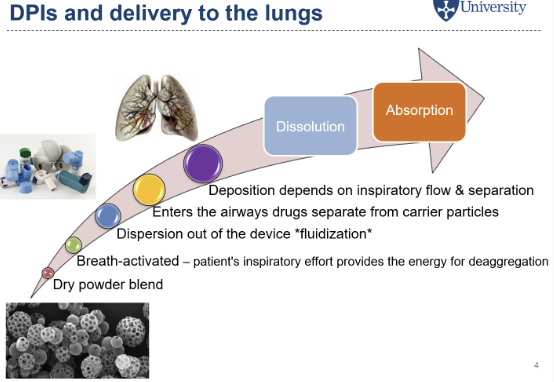 <p>mechanism activated by the patient breathing in, the patient’s inspiritory effort provides the energy for deaggregation of the formulation, allows small particles deeper into the lungs, get into lower airway and dissolve within the lung fluid, this then absorbed.&nbsp;</p>