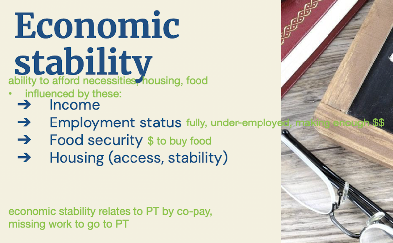 <ol><li><p>income</p></li><li><p>employment status</p></li><li><p>food security</p></li><li><p>housing (access, stability)</p></li></ol><p></p>