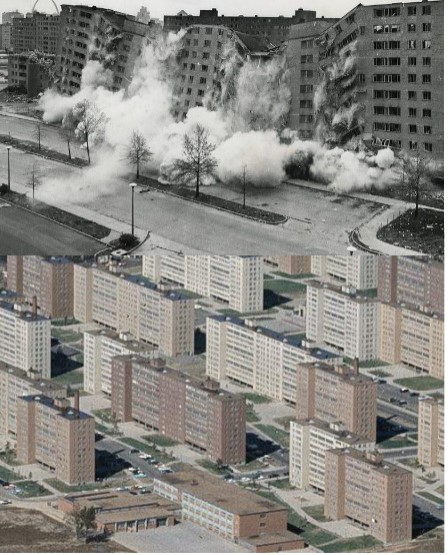 by Minoru Yamasachi (also designed the World Trade Center Towers)
initially segregated, then desegregated
buildings built solidly, but never finished properly
the ambiguous social spaces become crime havens
there's no maintenance, transportation, or services 
so they decided to destroy the buildings

the failure is truly with the housing policies rather than modernist planning and architecture