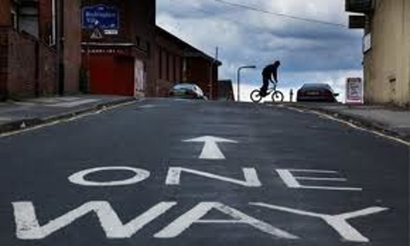 <p>Only drive in the designated direction; typically marked with a curved arrow and the word "only"</p>