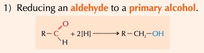<ul><li><p>react w/ aq NaBH<sub>4 </sub>- acts as reducing agent</p></li><li><p>reduction</p></li></ul><p></p>