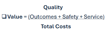 <p>Value = (Outcomes&nbsp;+&nbsp;Safety&nbsp;+&nbsp;Service)​ / Total&nbsp;Costs</p>