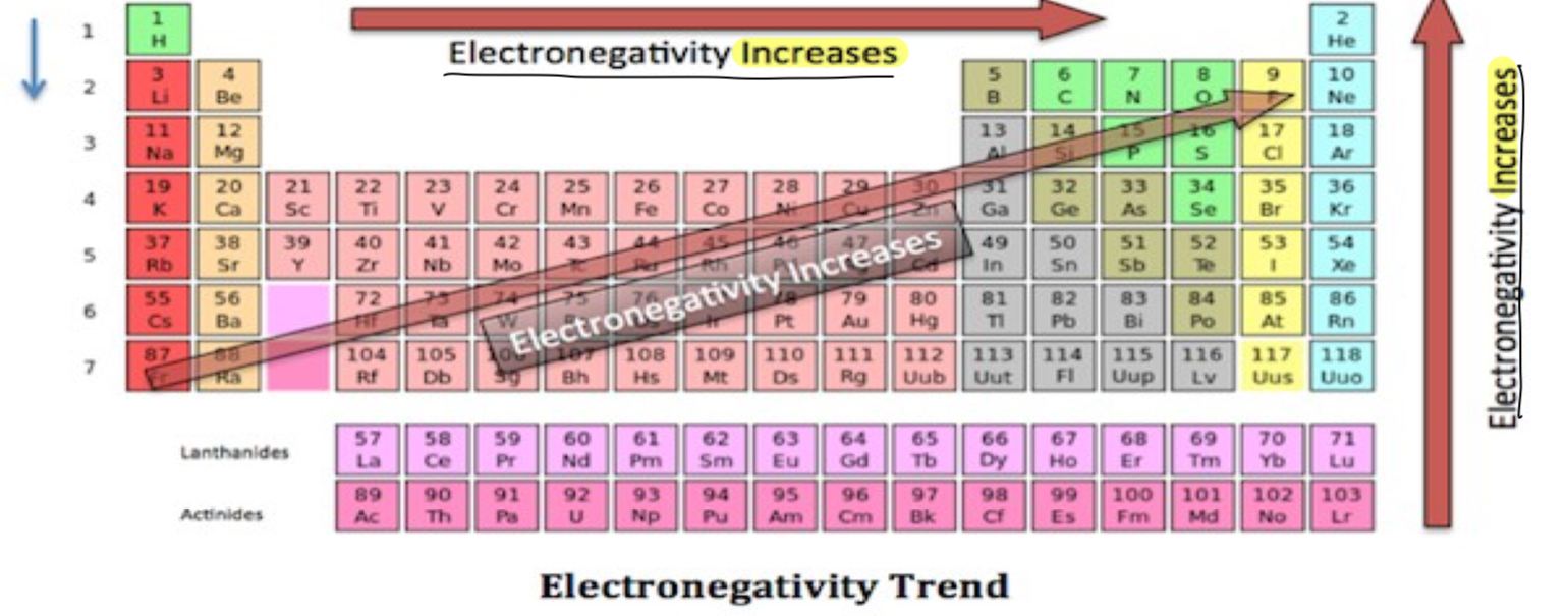 <p>-The element with the lowest electronegativity </p><p>-Values are listen on back of periodic table</p><p>—Electronegativity increases as you go up and to the right</p>