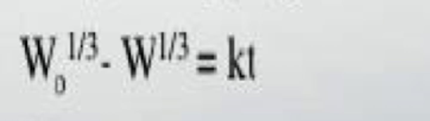 <p>W0^(1/3) - W^(1/3)= kt</p><p>w0= original mass</p><p>w= mass of drug remaining</p><p>k= dissolution rate constant</p><p>**uses cube roots</p>