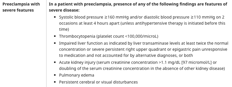 <ul><li><p>Preeclampsia +</p></li><li><p>Criterios de severidad</p><ul><li><p>TAS ≥ 160 TAD ≥ 110</p></li><li><p>Síntomas de vasoespasmo/compromiso neurológico (fosfenos, acúfenos, pérdida de visión, hiperreflexia con clonus)</p></li><li><p>Edema pulmonar</p></li><li><p>Transaminasas <span style="color: rgba(0,0,0,var(--O42jJQ,1));">↑ 2x límite superior normal +/- Dolor en hipocondrio derecho o epigastrio que no cede</span></p></li><li><p><span style="color: rgba(0,0,0,var(--O42jJQ,1));">Lesión renal: Creatinina >1.1</span></p></li><li><p><span style="color: rgba(0,0,0,var(--O42jJQ,1));">Trombocitopenia < 100.000</span></p></li></ul></li></ul><p></p>