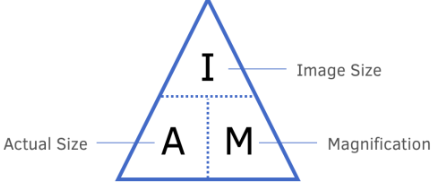 <p>magnification = <u>image size</u></p><p>.&nbsp; &nbsp; &nbsp; &nbsp; &nbsp; &nbsp; &nbsp; &nbsp; &nbsp; &nbsp; &nbsp; &nbsp; actual size</p>