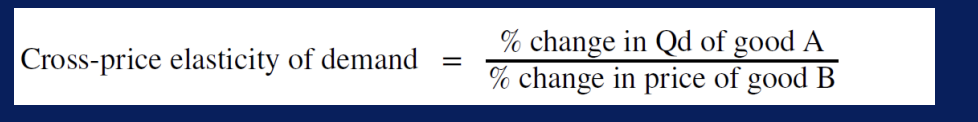 <ul><li><p>price of one good is affecting the qty demanded of a diff good</p></li><li><p>specifically, it is the <strong>percentage change in the qty of good A that is demanded as a result of a percentage change in the price of good B</strong></p></li><li><p>negative number</p><ul><li><p>goods are complimentary</p></li><li><p>ex., bread and peanut butter</p><ul><li><p>drop in price of one good will lead to an increase in the qty demanded of the other good</p></li></ul></li></ul></li><li><p>positive number</p><ul><li><p>goods are substitute</p></li><li><p>ex., plane tickets and train tickets</p><ul><li><p>drop in price of one good will cause ppl to substitute toward that good, and to reduce consumption of the other good</p></li><li><p>cheaper plane tickets lead to fewer train tickets, and vice versa.</p></li></ul></li></ul></li><li><p>a change in the price of one good can shift the qty demanded for another good</p><ul><li><p>good A is complement for good B</p><ul><li><p>higher price for good B will mean a lower qty consumed of good A</p></li></ul></li><li><p>good A is substitute for good B</p><ul><li><p>higher price for good B means a greater qty consumed of good A</p></li></ul></li></ul></li></ul><p></p>