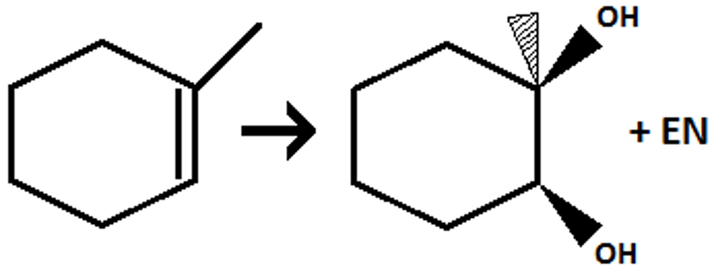 <p>Syn/cis</p><p>Alkene + OsO4 --&gt; int. --&gt; NaHSO3 + H2O --&gt; alkane 1,2-diol</p>