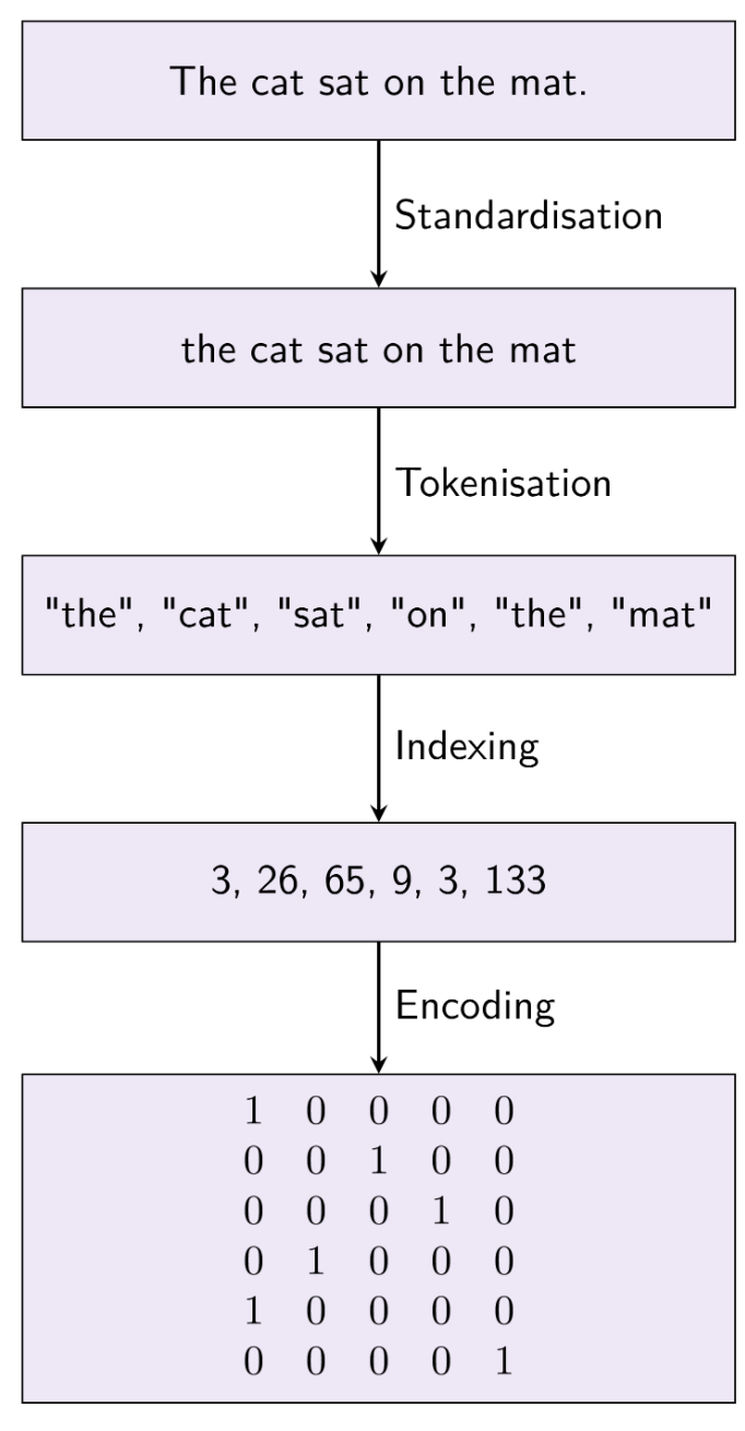<p>The four steps in a typical text vectorization approach are: <br>1. Standardization (e.g., converting text to lowercase), <br>2. Tokenization (splitting text into individual words or tokens), <br>3. Indexing (assigning a unique index to each token), and <br>4. Encoding (converting tokens into numerical vectors). Envision this process as preparing ingredients for a recipe: each step ensures that the text is properly formatted and ready for the machine learning model.These steps help transform raw text into a structured format suitable for analysis in natural language processing. </p>