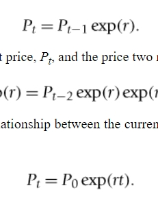 <ul><li><p><em>rt</em> = how many months between the two prices</p></li><li><p>the second equation is derived when we take the natural logarithms</p></li></ul><p></p>