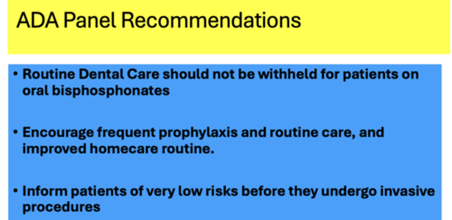 <p>- Routine Dental Care should not be withheld for patients on oral bisphosphonates</p><p>- Encourage frequent prophylaxis and routine care, and improved homecare routine.</p><p>- Inform patients of very low risks before they undergo invasive procedures</p>