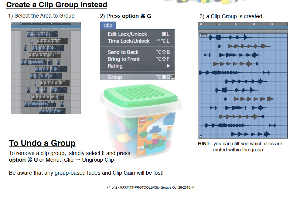 <ul><li><p><span>allow you to bundle all these edits together into a single "Super Clip”</span></p></li><li><p><span>You can then easily copy and move it around like a big piece of LEGO</span></p><ul><li><p><span> option + ⌘ (command/ctrl) + G</span></p></li></ul></li></ul><p></p>