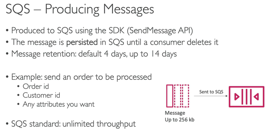 <p><strong>Standard Queue (Default):</strong> Offers maximum throughput and guarantees <strong>at least once</strong> message delivery (duplicates are possible but rare) and <strong>best-effort ordering</strong>.</p><p></p><p>• Oldest offering (over 10 years old) </p><p>• Fully managed service, used to decouple applications </p><p>• Attributes: • Unlimited throughput, unlimited number of messages in queue </p><p>• Default retention of messages: 4 days, maximum of 14 days </p><p>• Low latency (<10 ms o n publish and receive) • Limitation of 256KB per message sent </p><p>• Can have duplicate messages (at least once delivery, occasionally) </p><p>• Can have out of order messages (best effort ordering)</p><p></p>