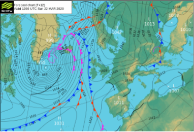 <p><span>-&nbsp;&nbsp;&nbsp;&nbsp;&nbsp;&nbsp;&nbsp; Kunna að túlka kort (punktar fyrir neðan):</span></p><p><span>o&nbsp;&nbsp; Jafnþrýstilínur = svörtu línurnar, með því að skoða þær er hægt að sjá hvort séu hæðir eða lægðir, þar sem þær eru þéttar er mikill vindur og þar sem er langt á milli er lítill vindur. Tölurnar á þeim merkir þrýsting, sýna jafnan loftþrýsting alls staðar á línunni.</span></p><p><span>o&nbsp;&nbsp; Skil= hitaskil:búbla, kuldaskil:þríhyrningur, samskil: til skiptis sömu megin, kyrrstæð skil: til skiptis sitthvoru megin</span></p><p><span>o&nbsp;&nbsp; Vindáttir= í lægðum á n-hveli er alltaf rangsælis (á íslandi þá að koma úr suðri.. mv jafnþrýstilínur)</span></p>
