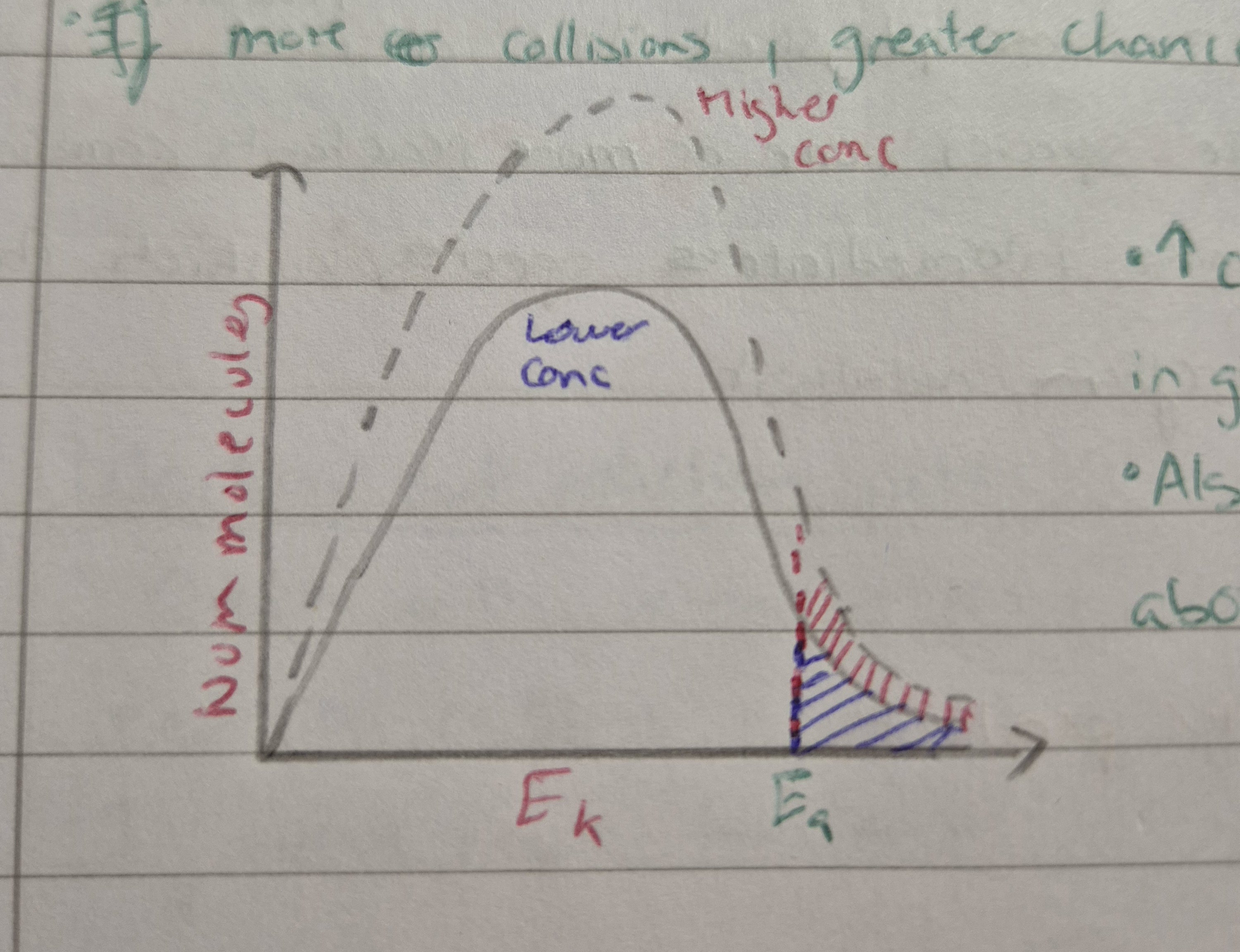 <ul><li><p>If conc increase = increase num molecules</p></li><li><p>Also be more molecules with energies above activation energy</p></li></ul><p></p>