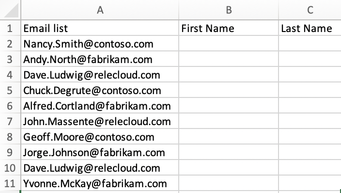 <p>Column A contains the email addresses. Which tool can separate the email list without using a formula to fill the first names to column B and the last names in column C?</p>