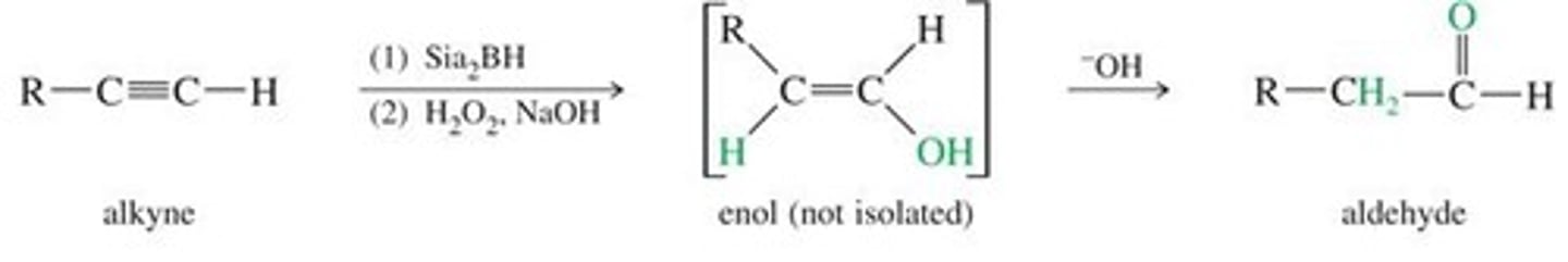 <p>- addition of H2O</p><p>- An unstable enol is first formed, which rearranges to a carbonyl group.</p>