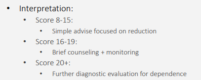 <p><strong>Management</strong></p><p>-When patients screen ________, encourage patient to stay within healthy alcohol consumption guidelines </p><ul><li><p>&lt;_ drink/day in women, &lt;_ drinks/day in men </p></li><li><p>Less is more</p></li><li><p>Be aware of other medical conditions that would warrant a patient to ______ from alcohol entirely </p></li></ul><p>-When patients screen positive, you need to get more information</p><ul><li><p>Recommendation is to obtain an _____ questionnaire </p></li></ul><p></p>