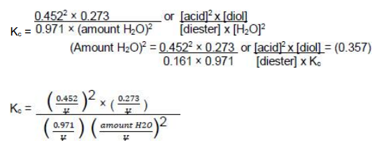 <p>K<sub>c</sub>= ( 0.452<sup>2</sup>×0.273) / (0.971 x (amount of H<sub>2</sub>O)<sup>2</sup>) (1)</p><p>(1) see working on pic</p><p>Amount H<sub>2</sub>O = √0.357 = 0.597 mol (1) </p>
