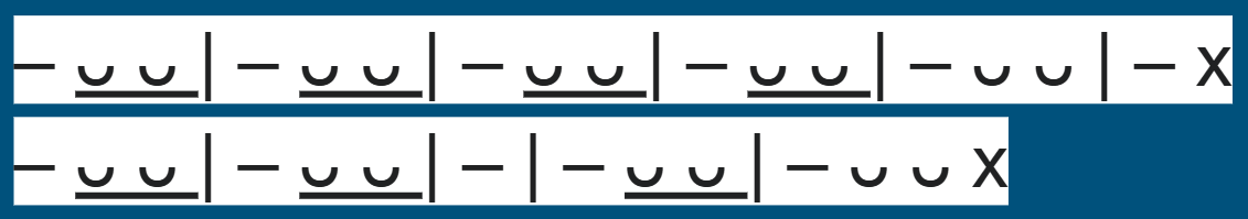 <p>first line: dactylic hexameter</p><p>second line: long short short x 2, long, long short short x 2, x</p>